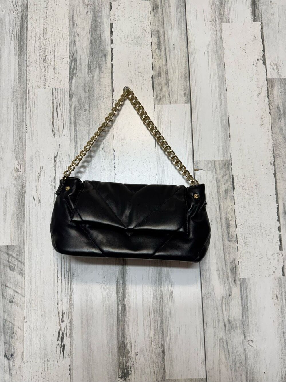 Grossi Black Quilted Puffer Shoulder Bag Gold Chain Strap Faux Leather Handbag